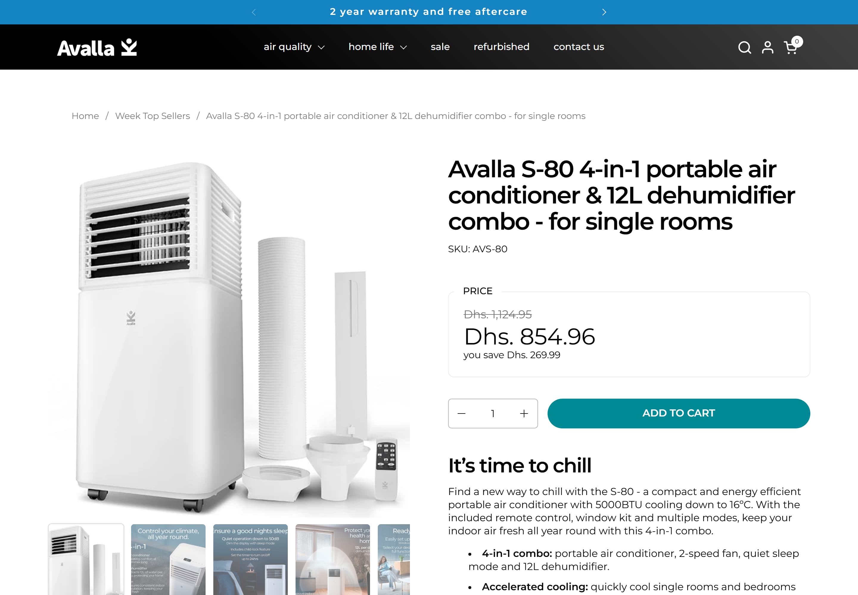 Avalla — desktop screenshot of Avalla S-80 4-in-1 portable air conditioner & 12L dehumidifier combo -