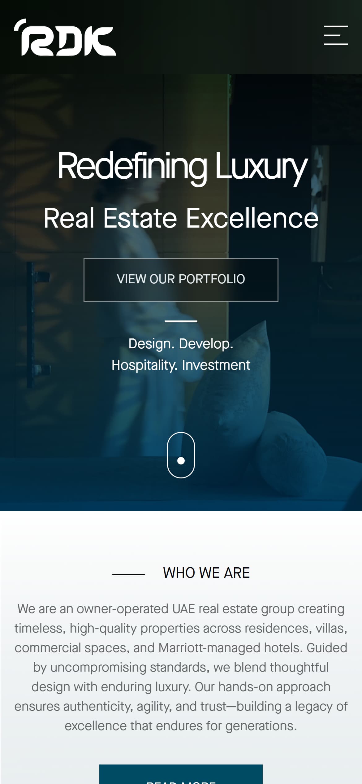 RDK — mobile screenshot of Home | Design. Develop. Hospitality. Investment
